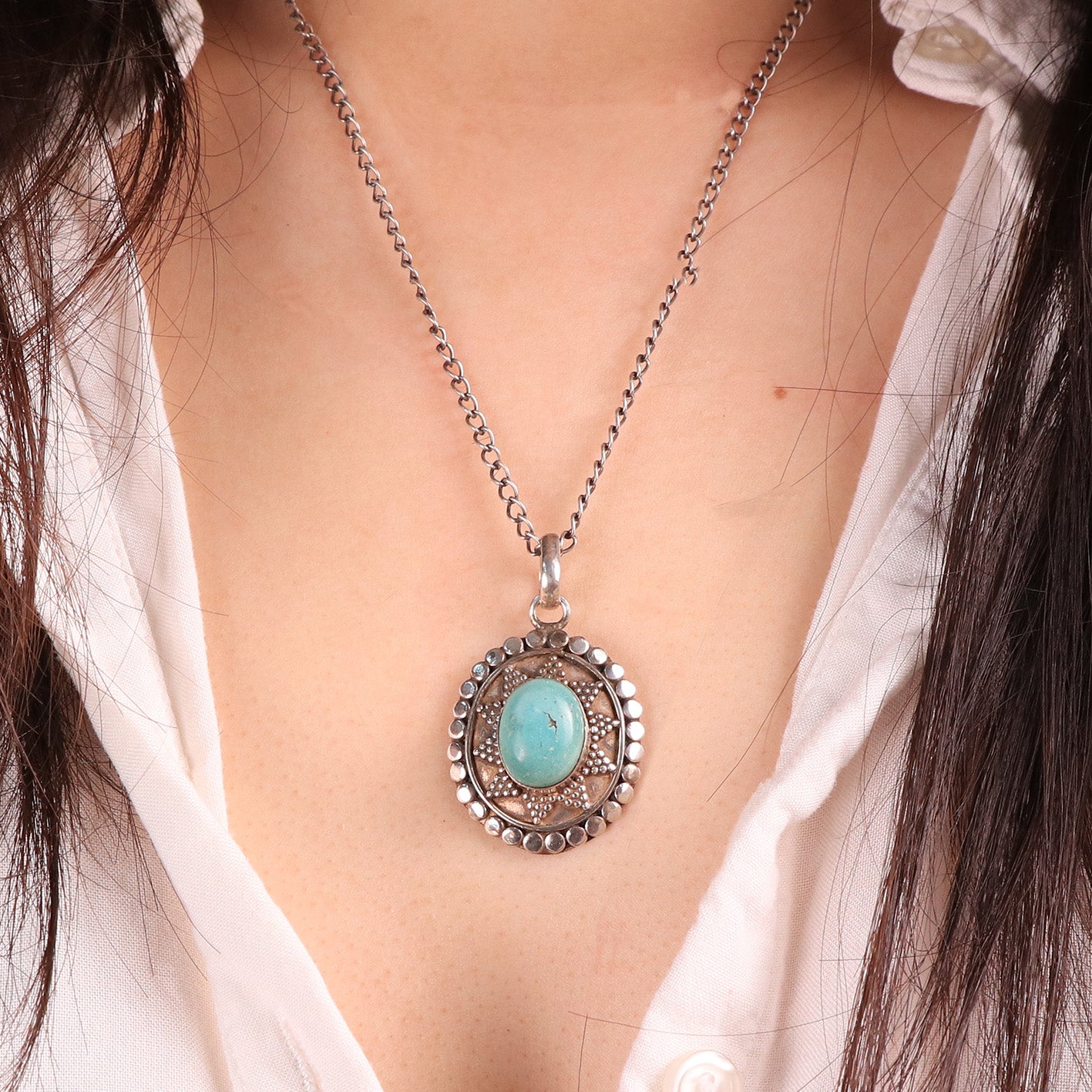 Vintage Tribal Turquoise Oval Shaped Sterling Silver