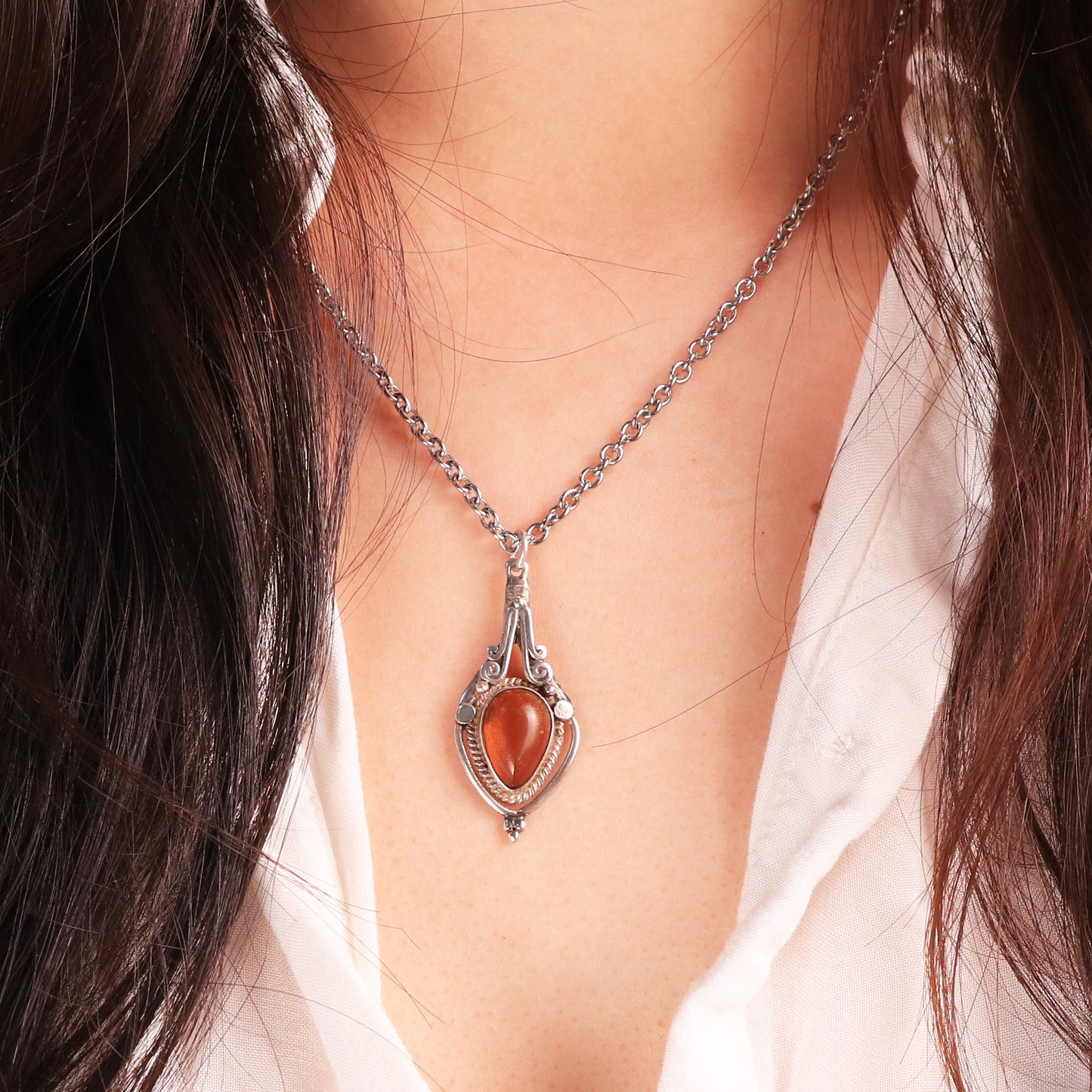 Vintage Tribal Amber Floral Motifs Sterling Silver Pendant