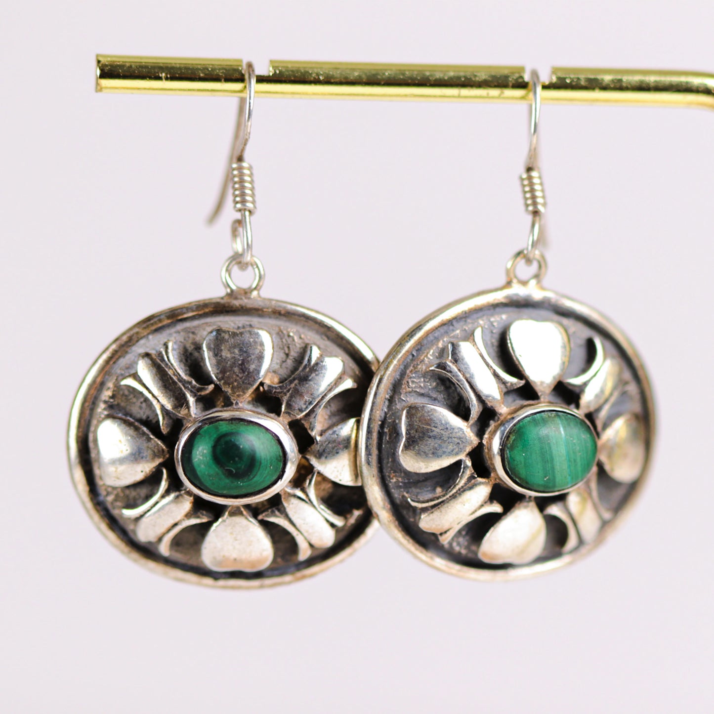 Antique Tribal Malachite Round Shape Sterling Silver Earrings