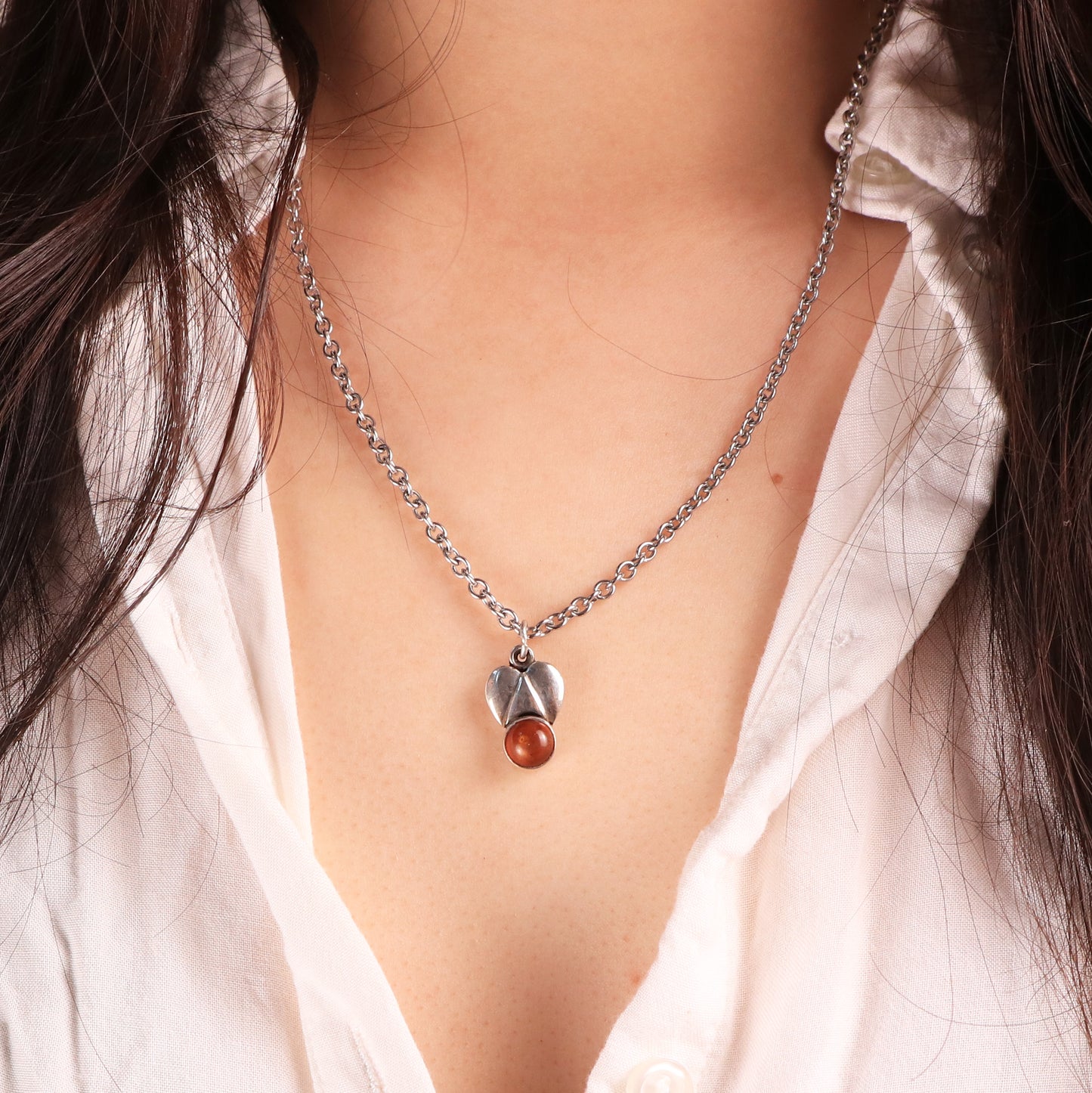 Vintage Tribal Amber Angel Shape Sterling Silver Pendant