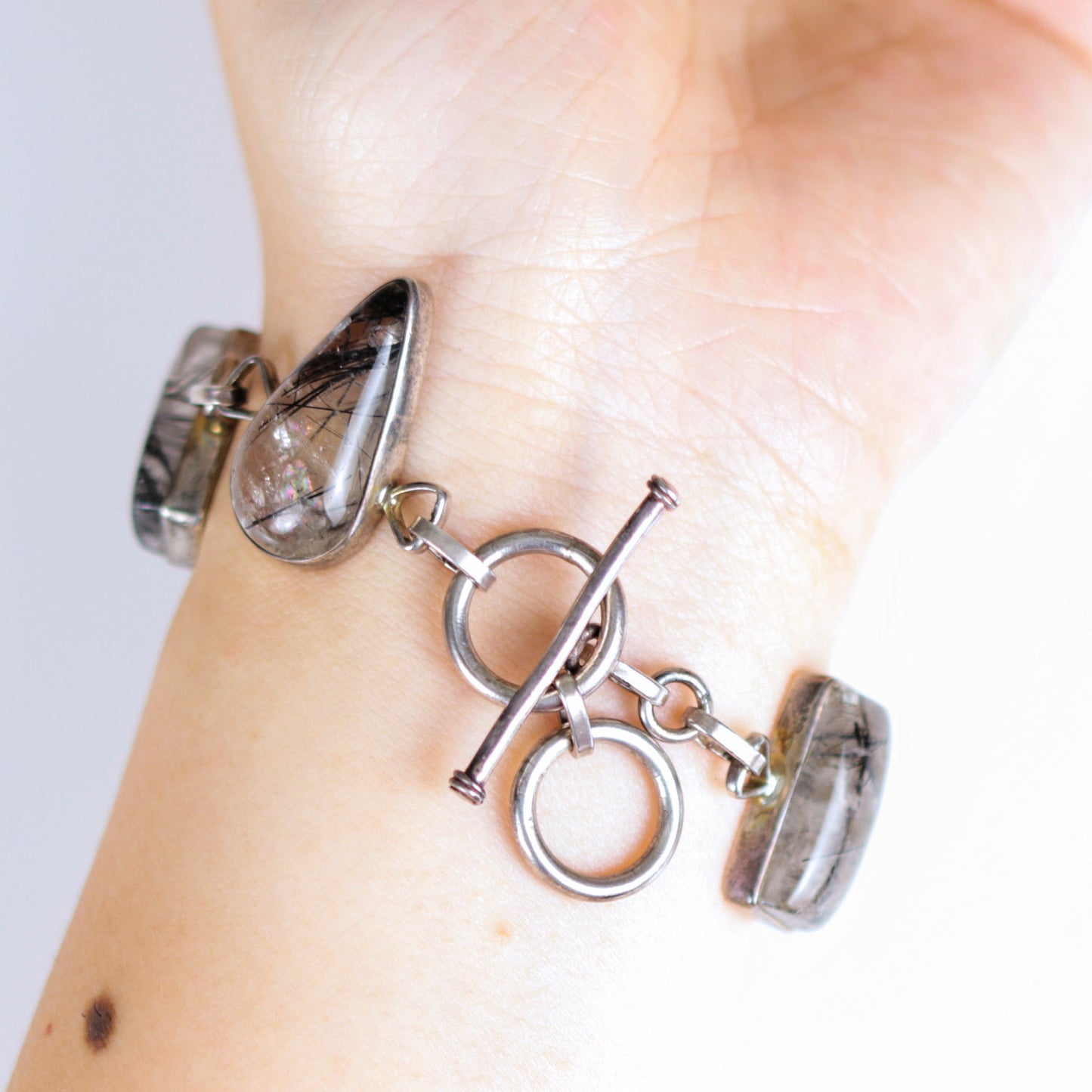 Vintage Cabochon Black Rutile Quartz Multi Shaped Sterling Silver Bracelet