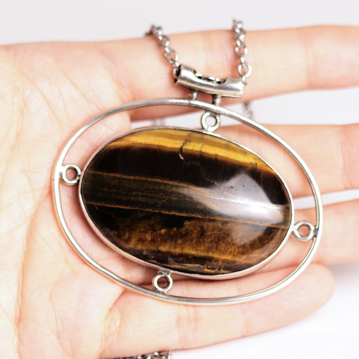 Vintage Oval Shape Sterling Silver Framed Tiger's Eye Pendant