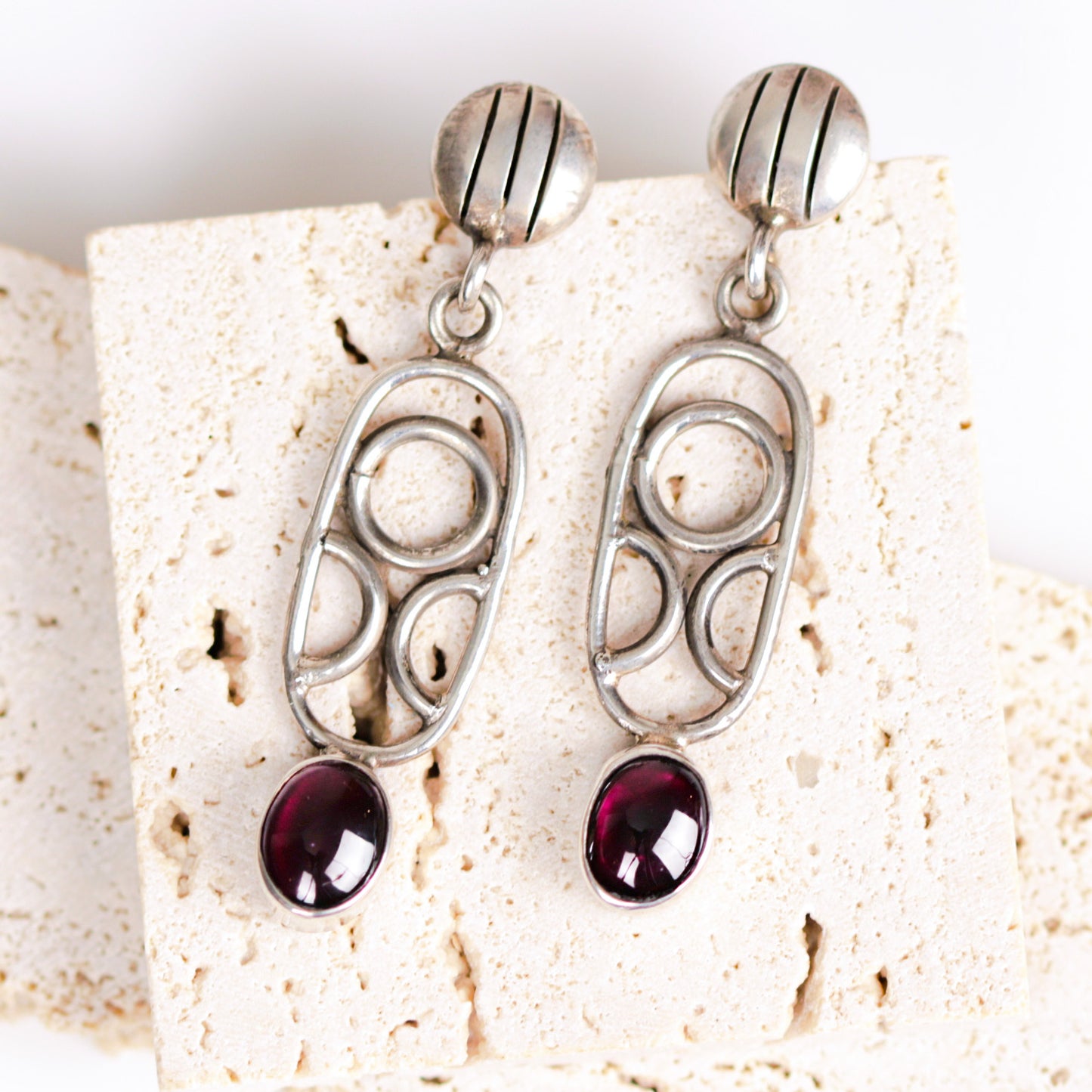 Vintage Tribal Garnet Openwork Sterling Silver Earrings