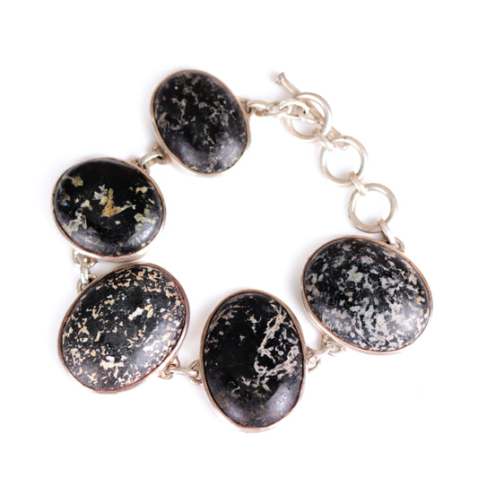 Vintage Cabochon Snowflake Obsidian Oval Shaped Sterling Silver Bracelet