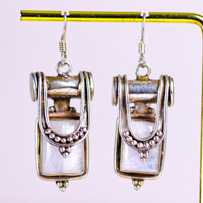 Vintage Tribal Moonstone Saddle Shape Sterling Silver Earrings