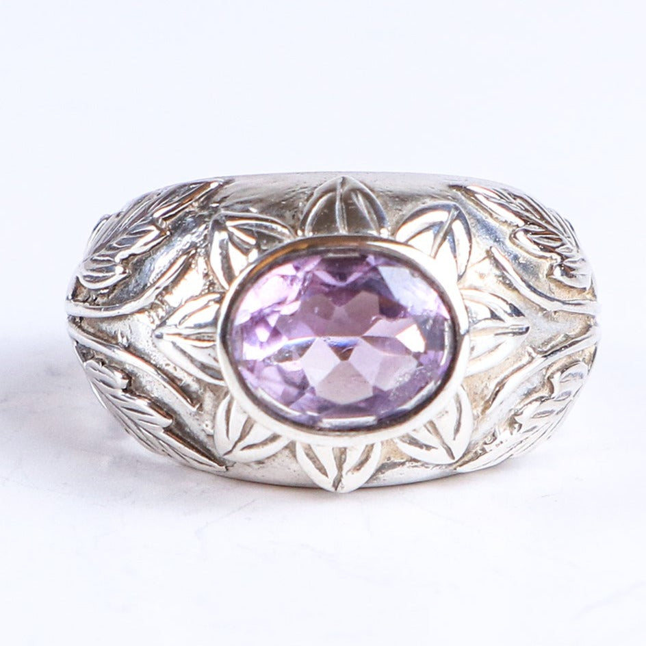 Vintage Oval Amethyst Sterling Silver Floral Pattern Statement Ring