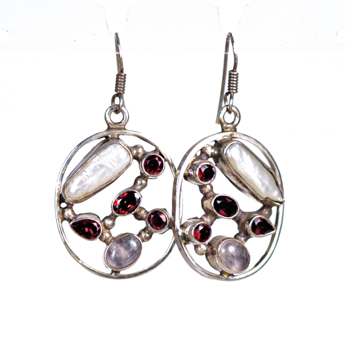 Vintage Garnet Moonstone & Pearl Openwork Sterling Silver Earrings