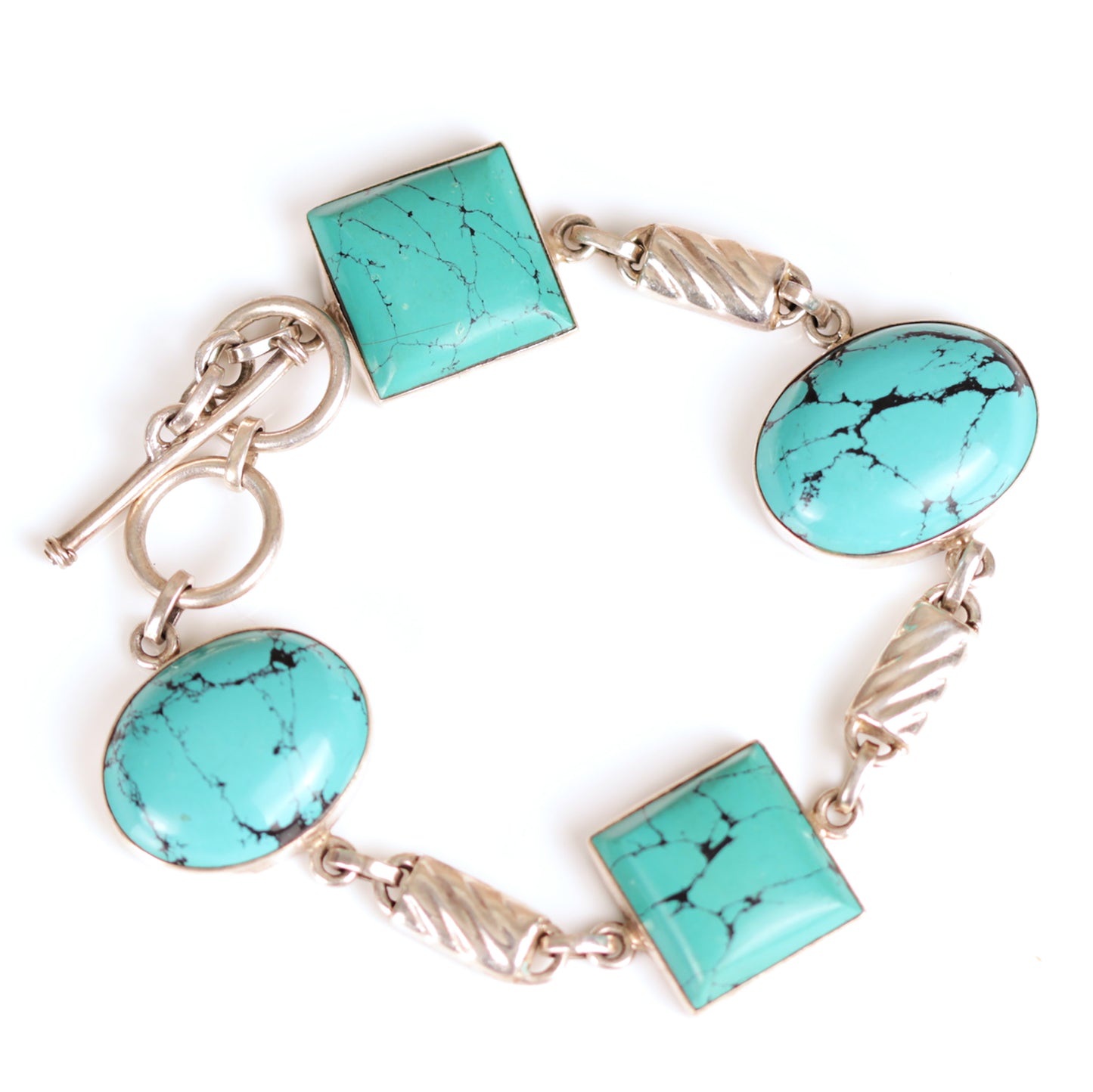 Vintage Cabochon Turquoise Multi Shaped Sterling Silver Bracelet