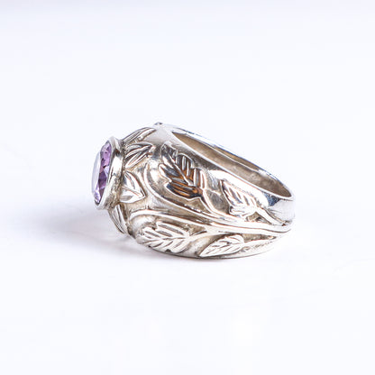 Vintage Oval Amethyst Sterling Silver Floral Pattern Statement Ring