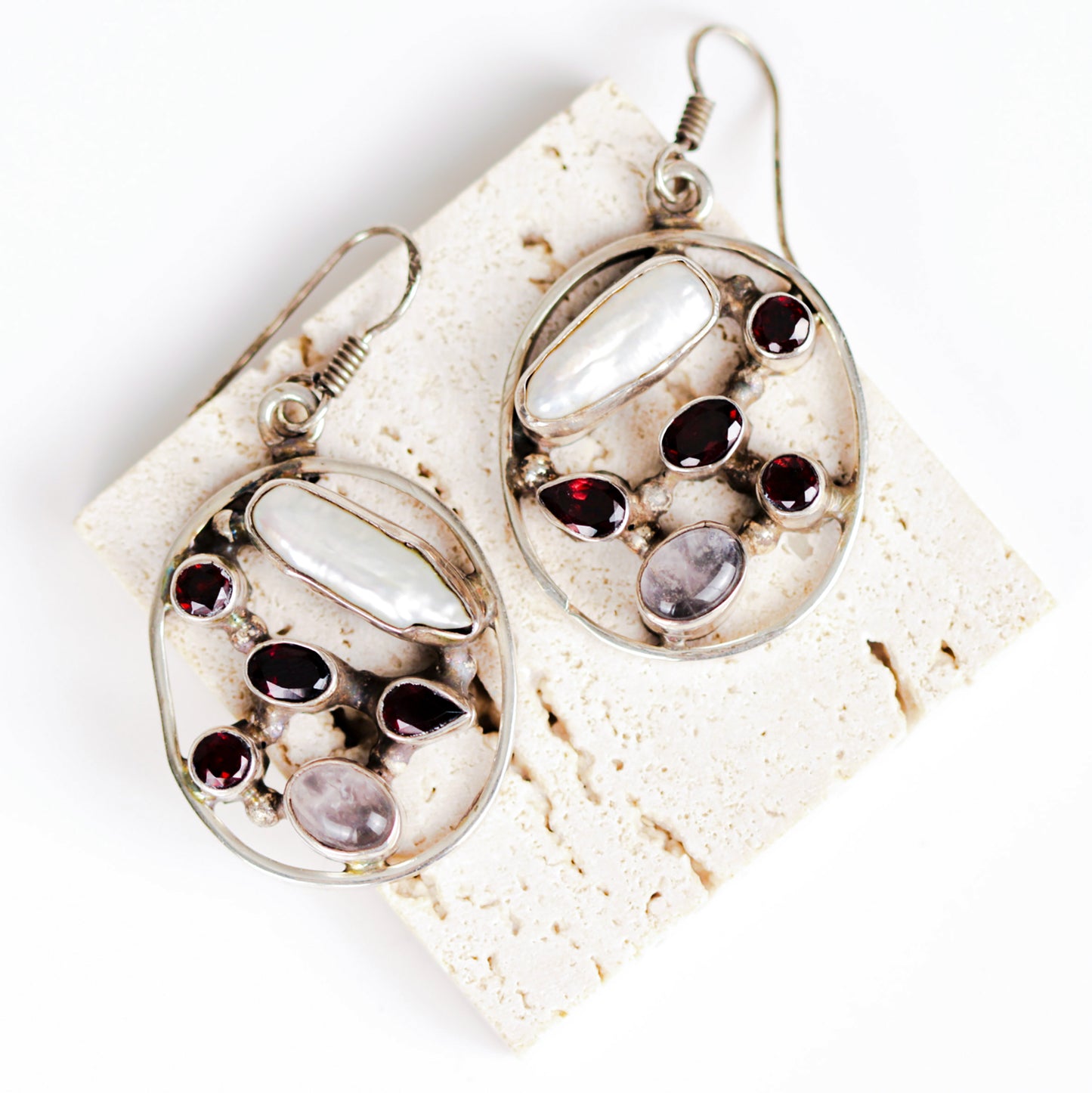 Vintage Garnet Moonstone & Pearl Openwork Sterling Silver Earrings