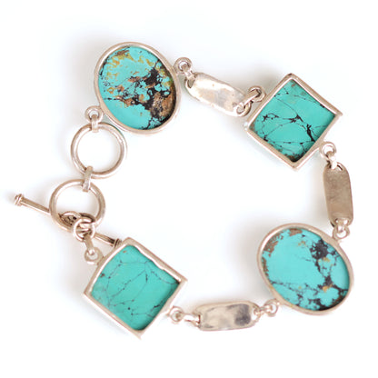 Vintage Cabochon Turquoise Multi Shaped Sterling Silver Bracelet