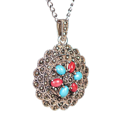 Vintage Tribal Turquoise Agate and Marcasite Floral Shape Sterling Silver Pendant