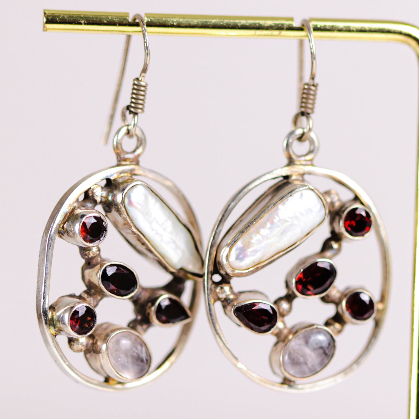 Vintage Garnet Moonstone & Pearl Openwork Sterling Silver Earrings