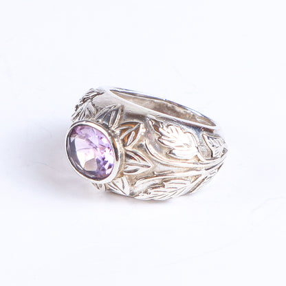 Vintage Oval Amethyst Sterling Silver Floral Pattern Statement Ring