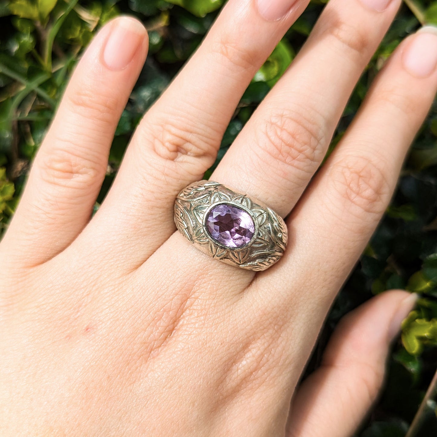 Vintage Oval Amethyst Sterling Silver Floral Pattern Statement Ring