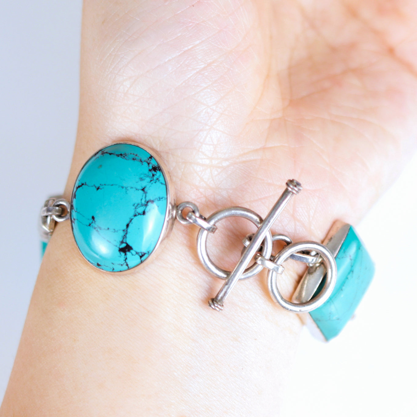 Vintage Cabochon Turquoise Multi Shaped Sterling Silver Bracelet