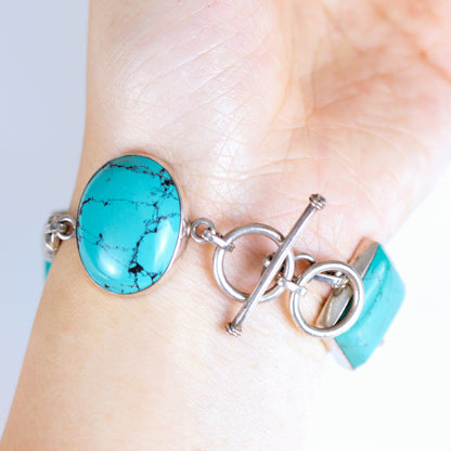 Vintage Cabochon Turquoise Multi Shaped Sterling Silver Bracelet