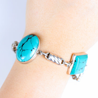 Vintage Cabochon Turquoise Multi Shaped Sterling Silver Bracelet