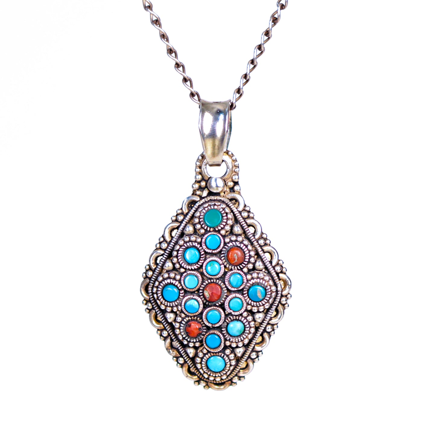 Vintage Tribal Turquoise and Agate Sterling Silver Pendant