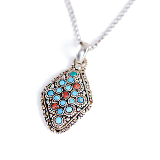 Vintage Tribal Turquoise and Agate Sterling Silver Pendant