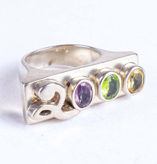 Vintage 2000 Y2K Gemstone Amethyst Peridot Citrine Sterling Silver Chunky Ring