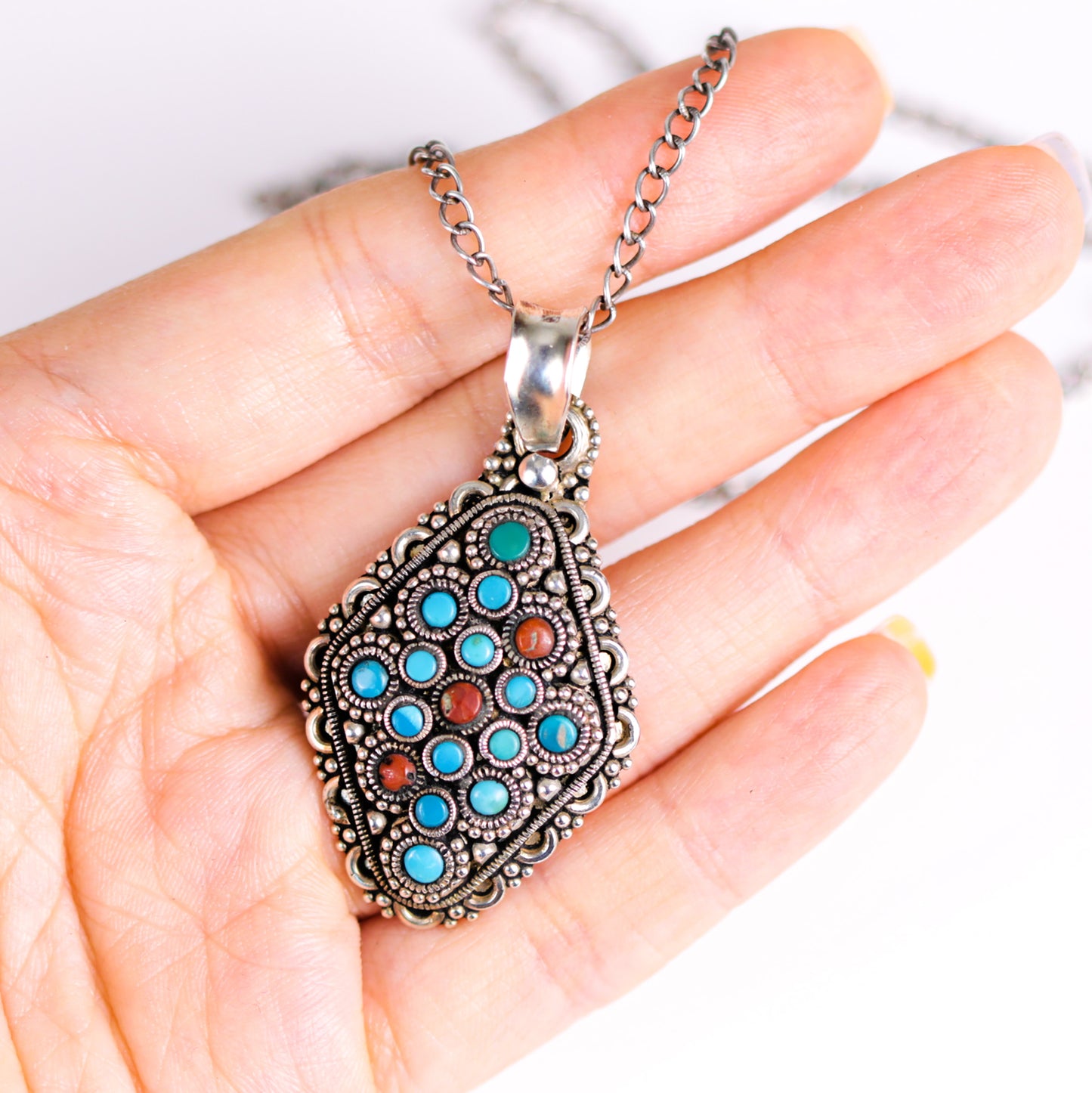 Vintage Tribal Turquoise and Agate Sterling Silver Pendant