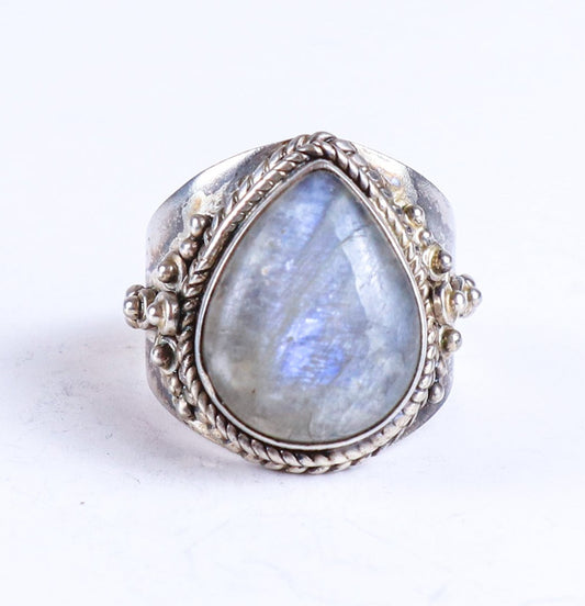 Vintage Oval Moonstone Sterling Silver Tribal Ring