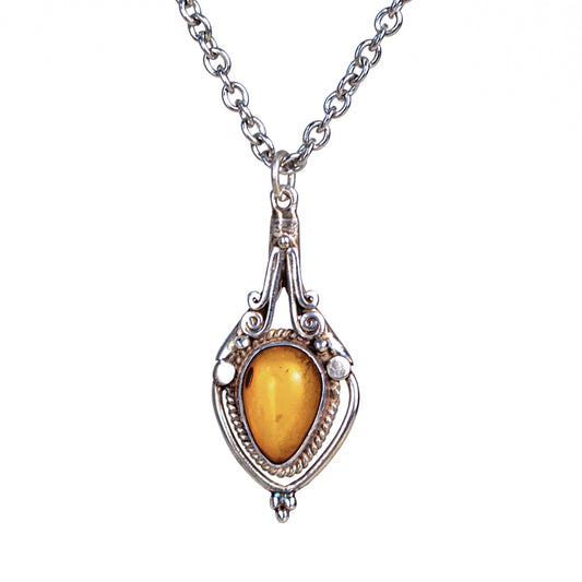 Vintage Tribal Amber Floral Motifs Sterling Silver Pendant