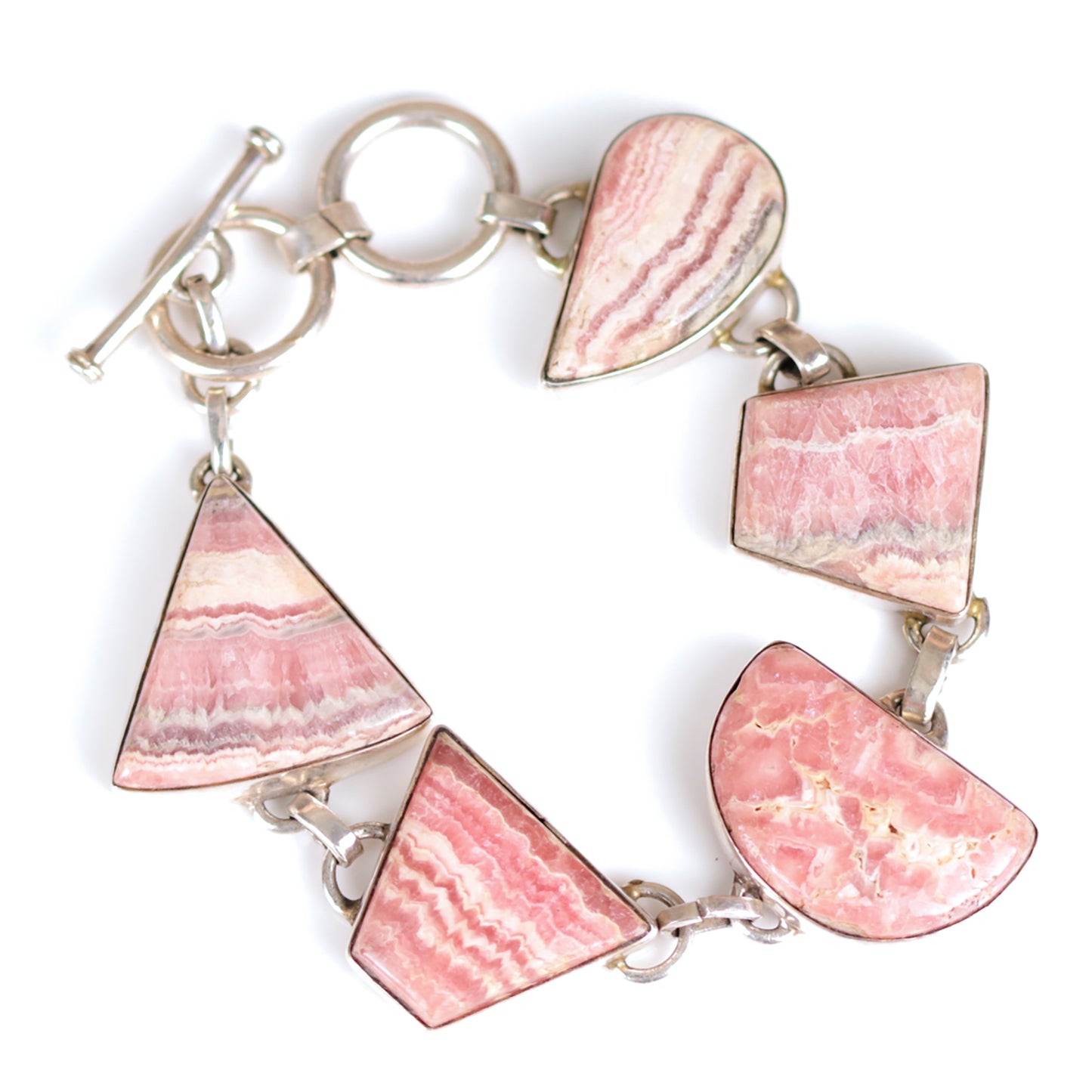 Vintage Cabochon Rhodochrosite Multi Shaped Sterling Silver Bracelet