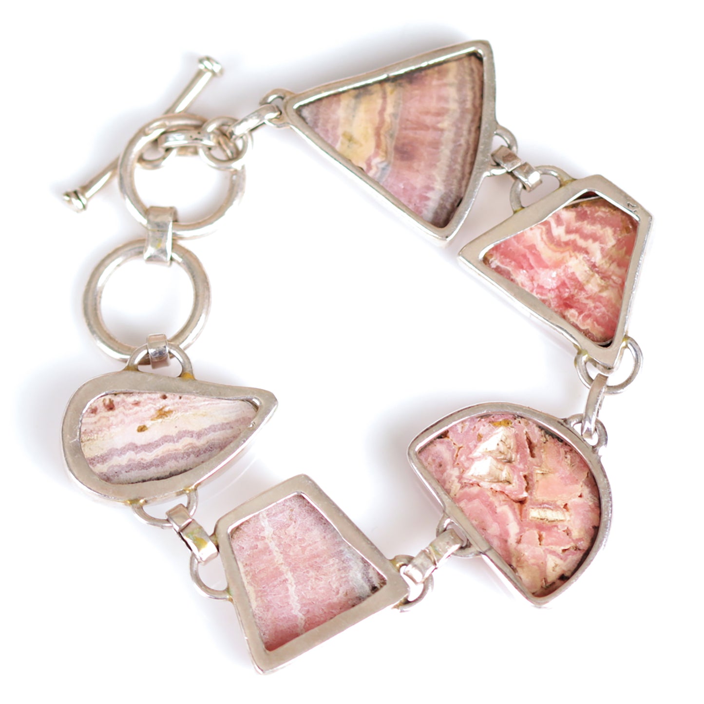 Vintage Cabochon Rhodochrosite Multi Shaped Sterling Silver Bracelet