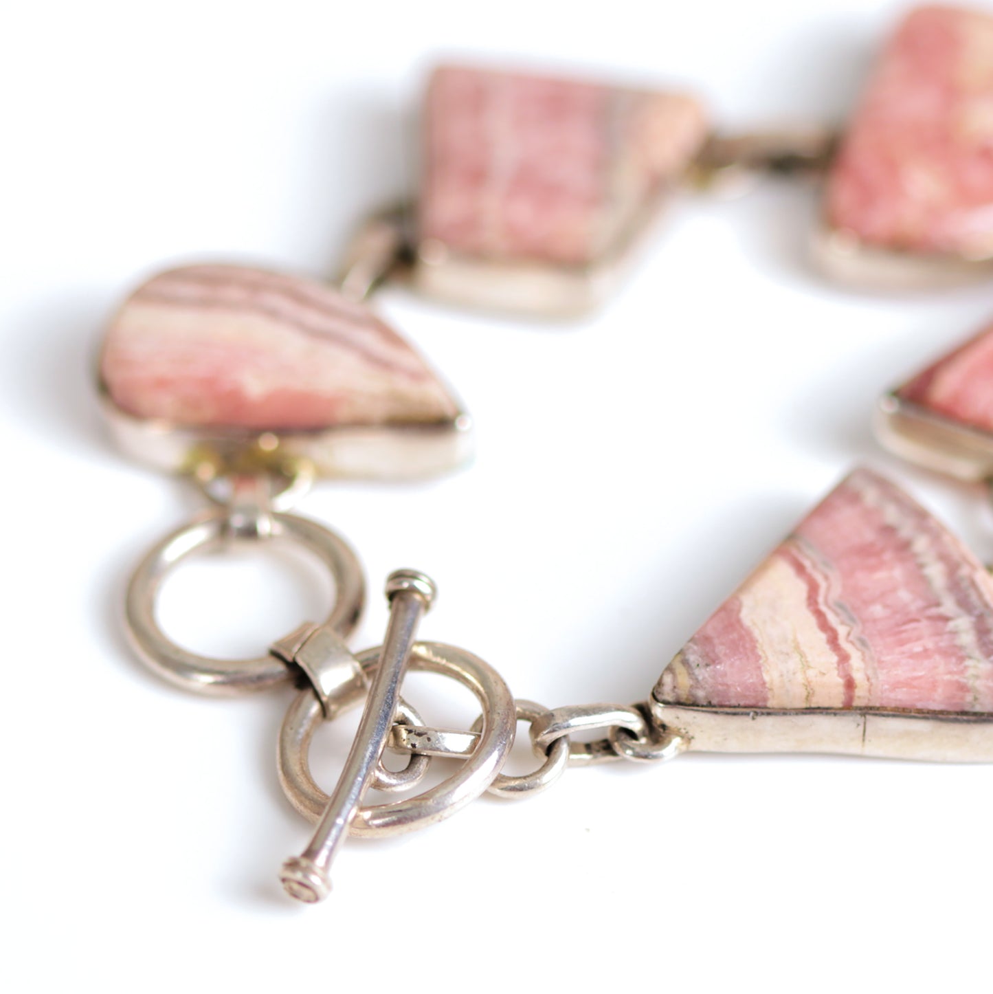 Vintage Cabochon Rhodochrosite Multi Shaped Sterling Silver Bracelet