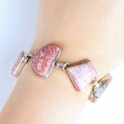 Vintage Cabochon Rhodochrosite Multi Shaped Sterling Silver Bracelet