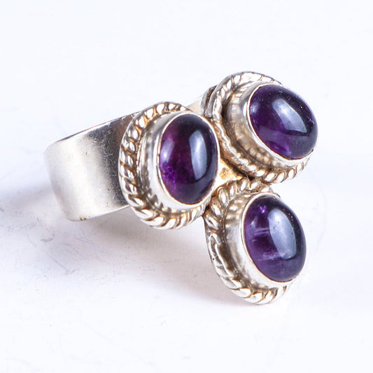 Vintage Amethyst Clover Design Sterling Silver Tribal Ring