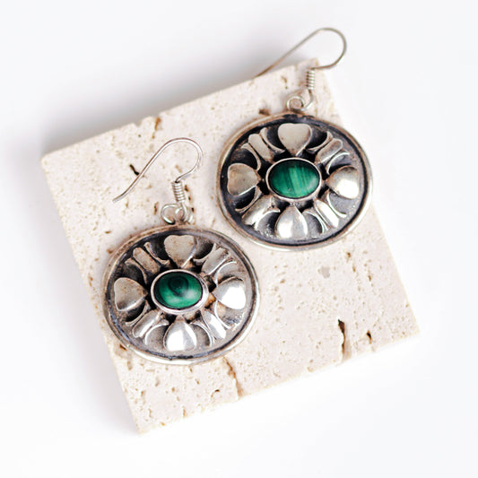 Antique Tribal Malachite Round Shape Sterling Silver Earrings