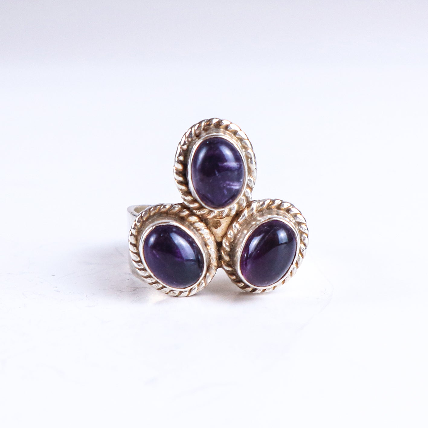 Vintage Amethyst Clover Design Sterling Silver Tribal Ring