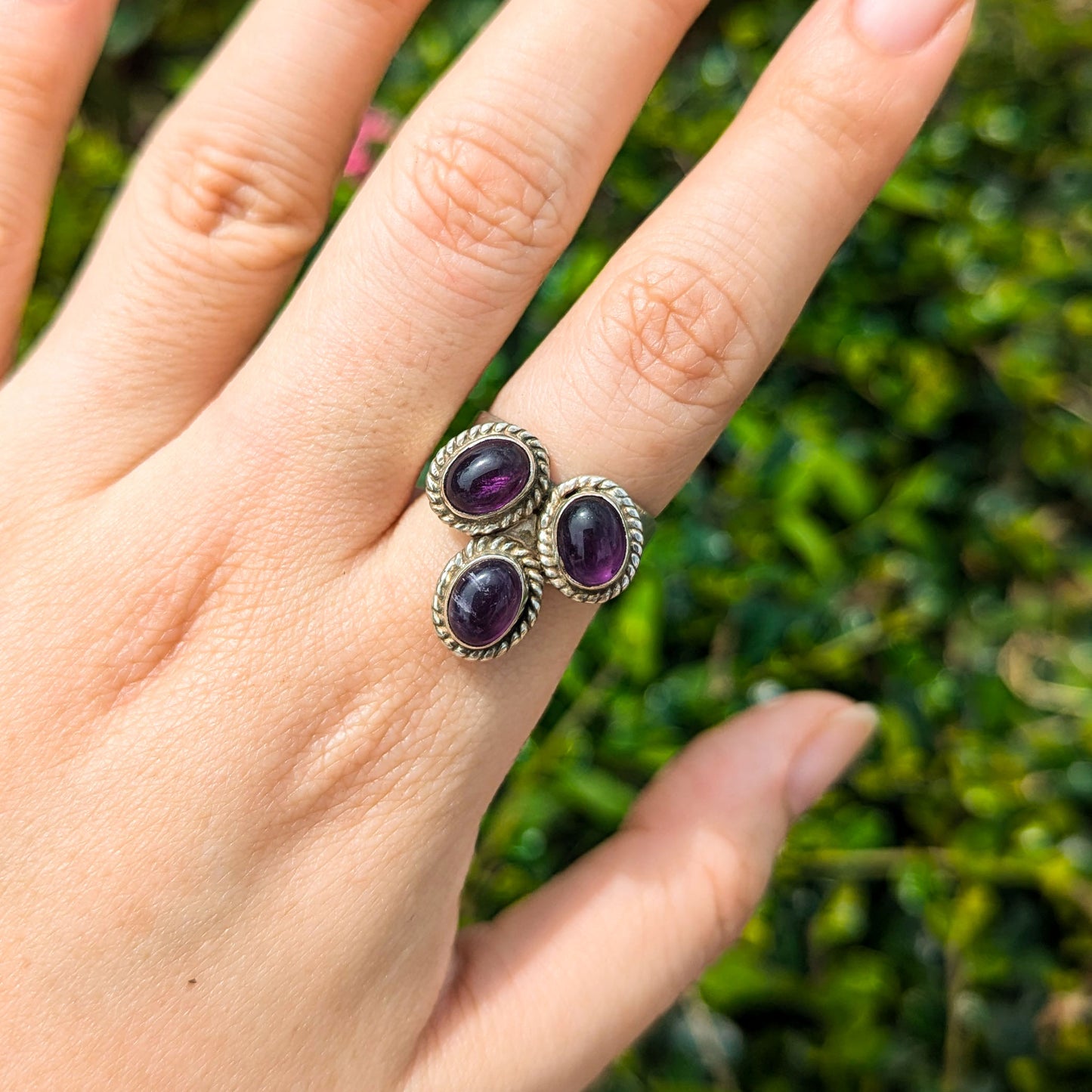 Vintage Amethyst Clover Design Sterling Silver Tribal Ring