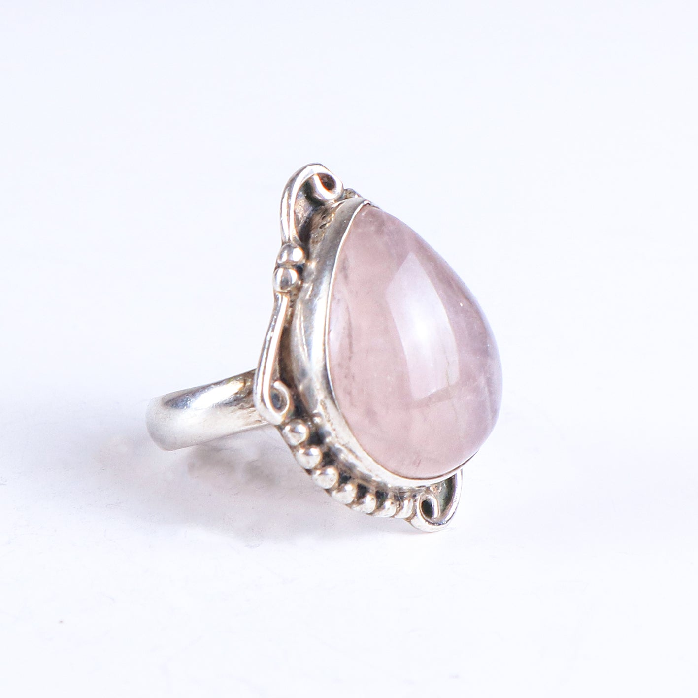 Vintage Teardrop Rose Quartz Sterling Silver Tribal Ring