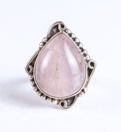 Vintage Teardrop Rose Quartz Sterling Silver Tribal Ring