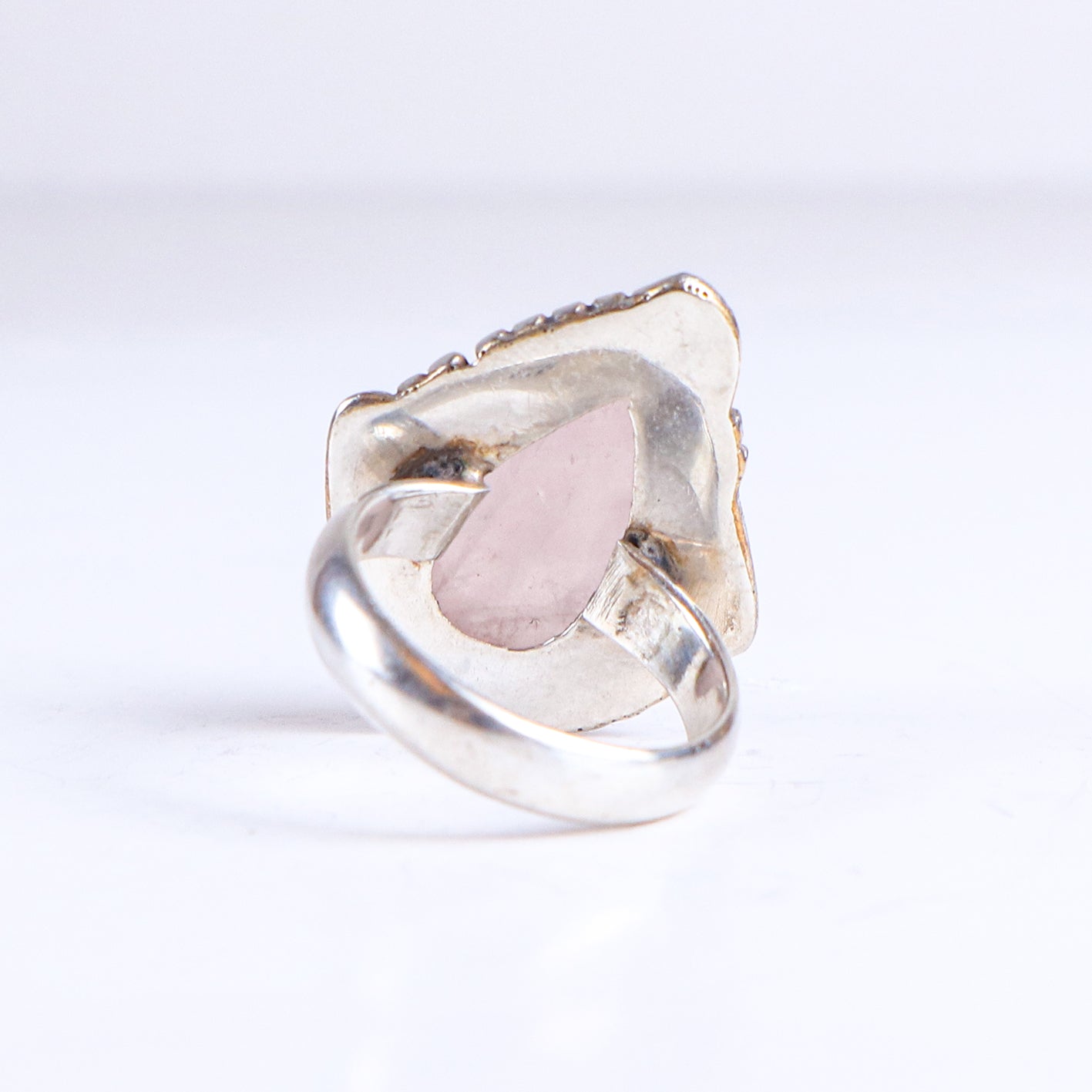 Vintage Teardrop Rose Quartz Sterling Silver Tribal Ring