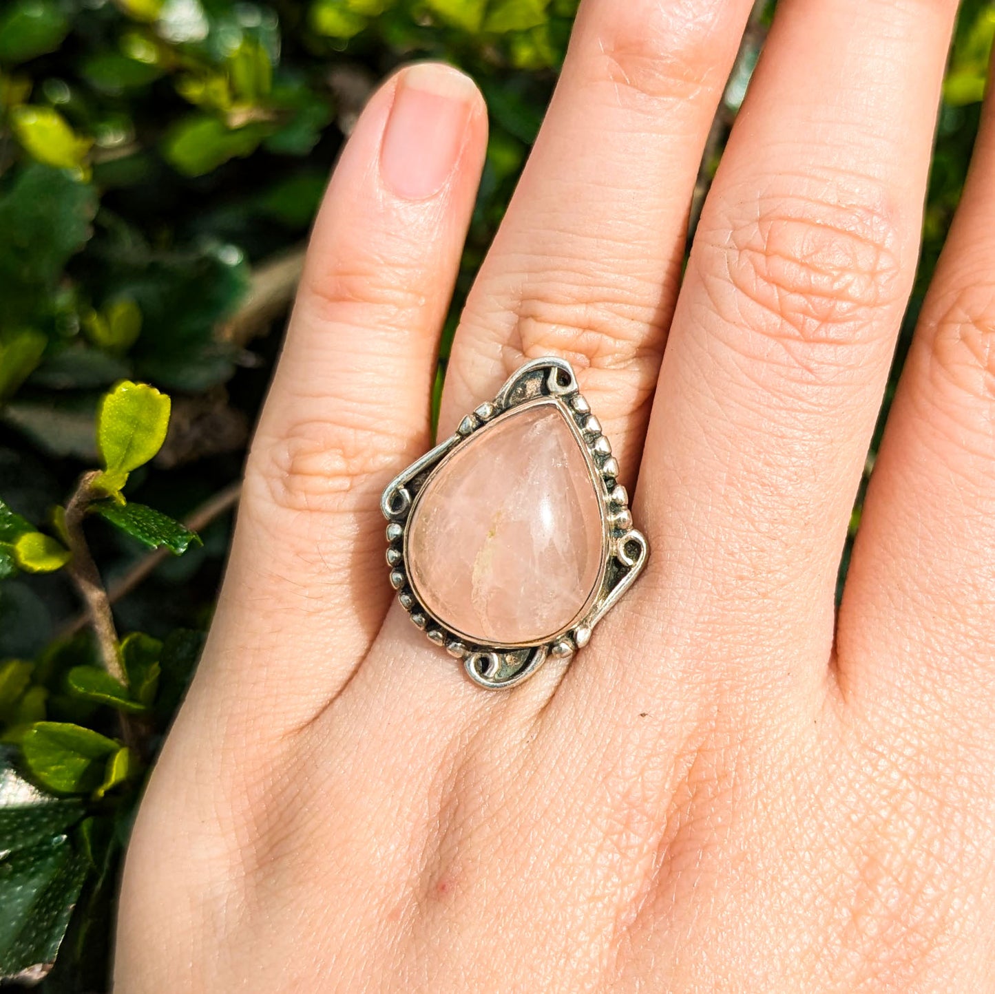 Vintage Teardrop Rose Quartz Sterling Silver Tribal Ring