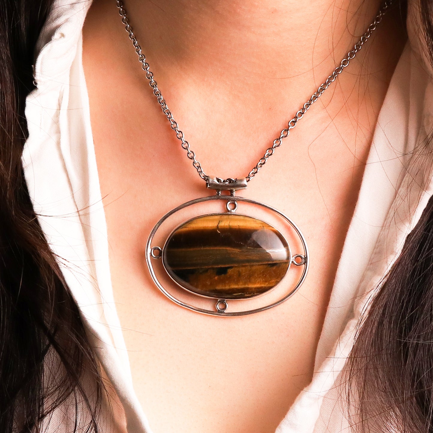 Vintage Oval Shape Sterling Silver Framed Tiger's Eye Pendant