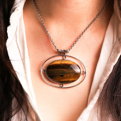 Vintage Oval Shape Sterling Silver Framed Tiger's Eye Pendant