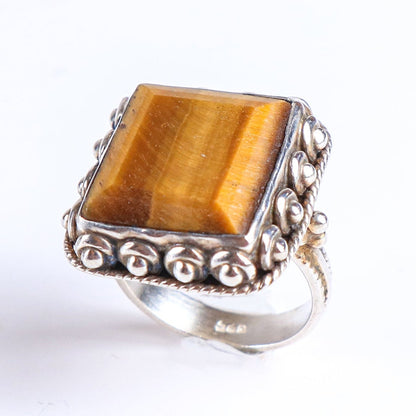 Vintage Square Tiger's Eye Sterling Silver Tribal Ring