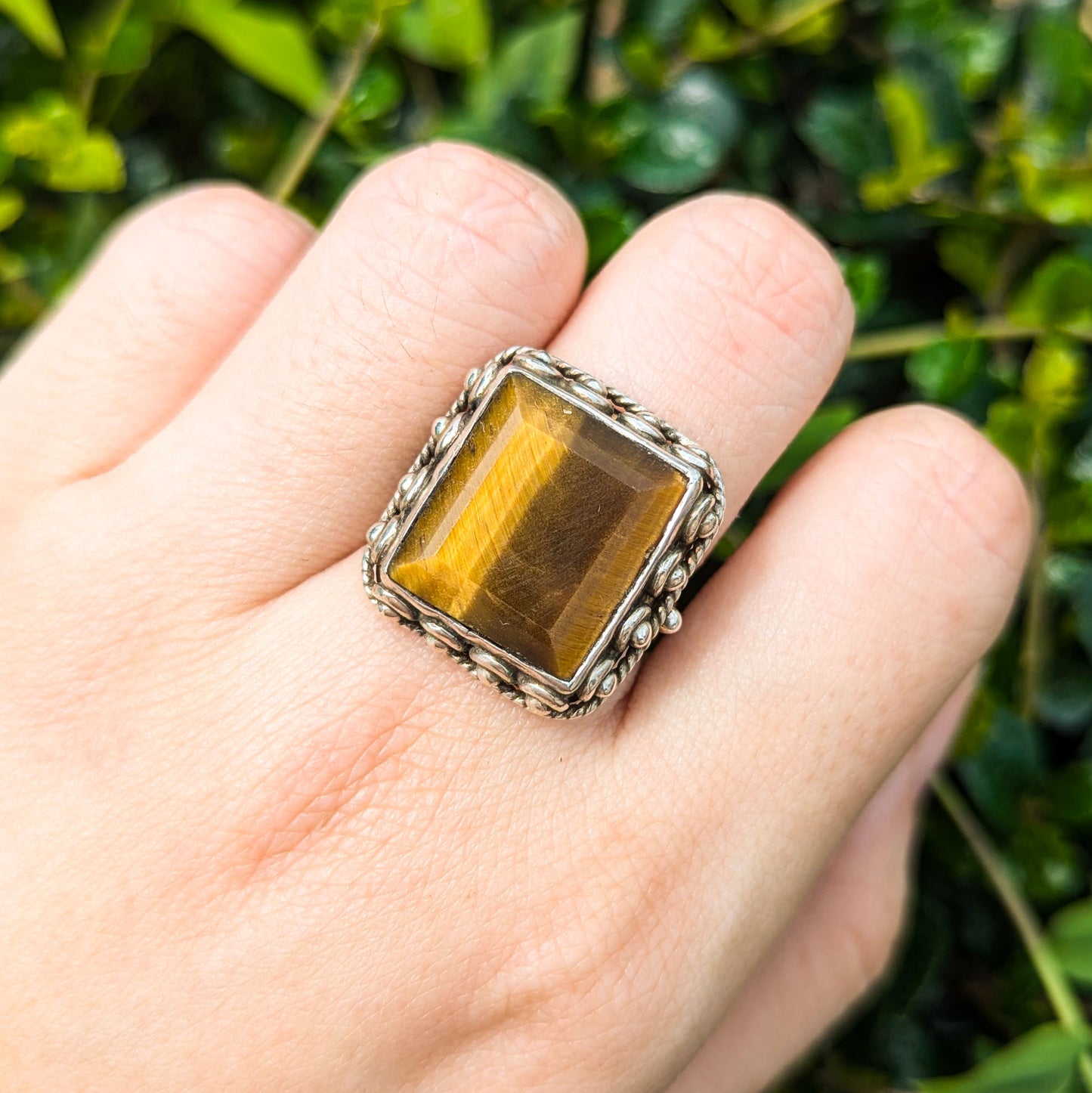 Vintage Square Tiger's Eye Sterling Silver Tribal Ring