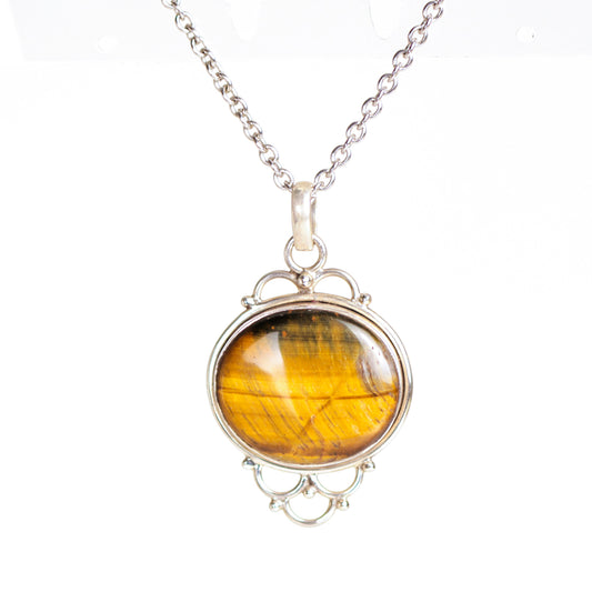 Vintage Looping Design Sterling Silver Framed Oval Shaped Tiger's Eye Pendant