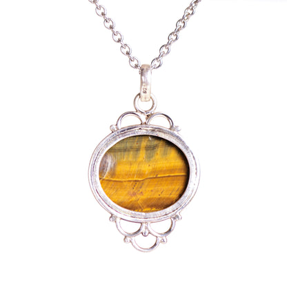 Vintage Looping Design Sterling Silver Framed Oval Shaped Tiger's Eye Pendant