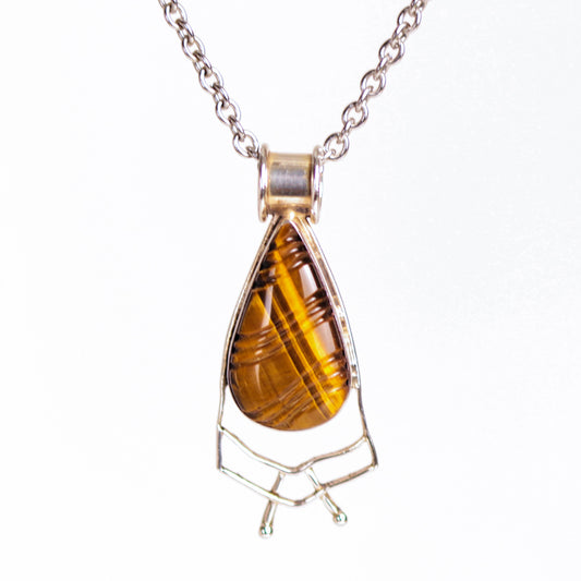 Vintage Tribal Carved Pattern Tiger's Eye Sterling Silver Wirework Pendant