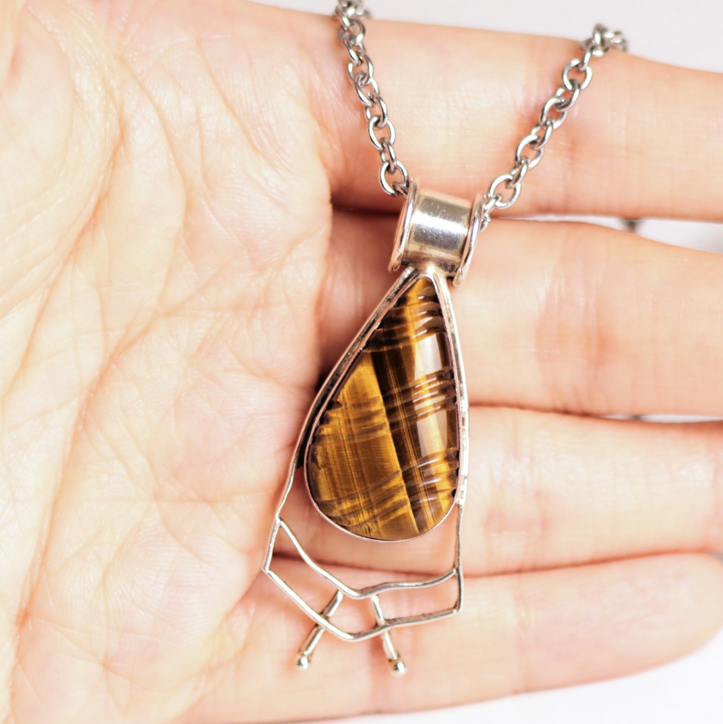 Vintage Tribal Carved Pattern Tiger's Eye Sterling Silver Wirework Pendant