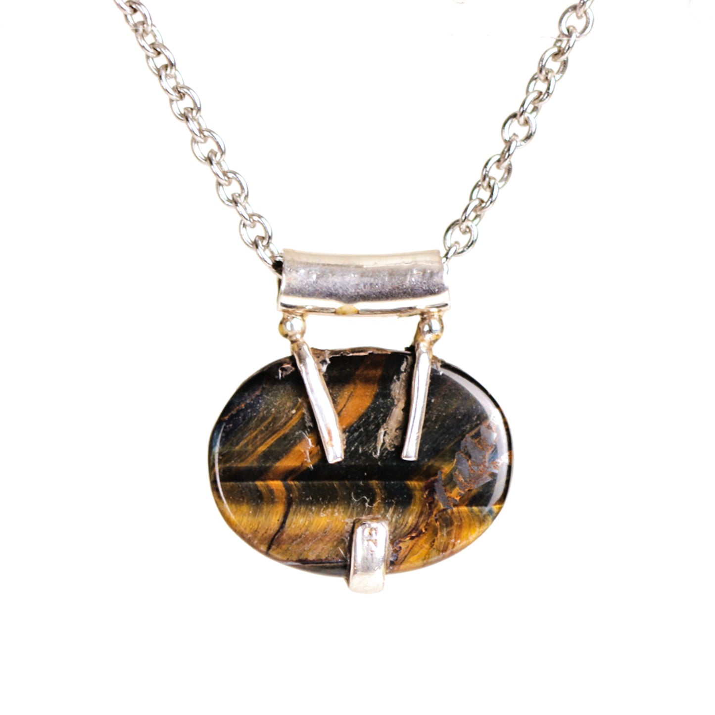 Vintage Tribal Y Shape Sterling Silver Framed Tiger's Eye Pendant