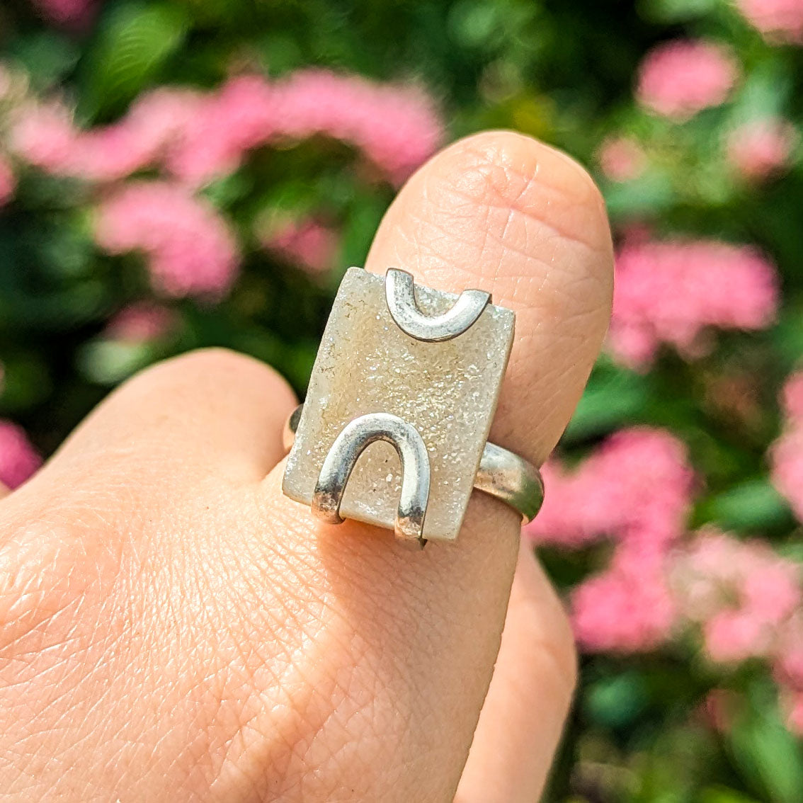 Vintage White Druzy Raw Stone Sterling Silver Cabochon Ring